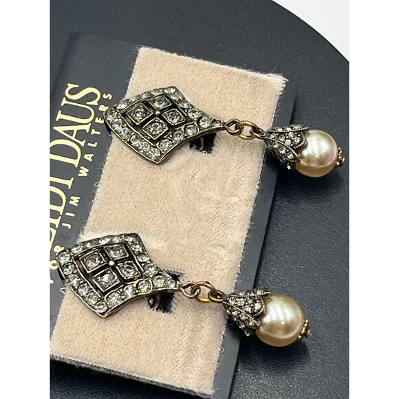 HEIDI DAUS Crystal Pave Diamond Pearl Drop Dangle Earrings Vintage Style Glamour - Picture 3 of 11